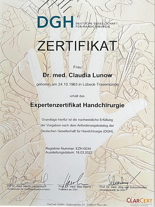 DHG Zertifikat Frau Dr. med. Lunow